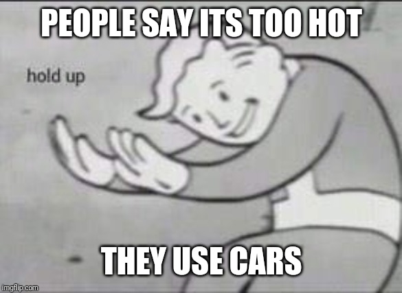 Fallout Hold Up | PEOPLE SAY ITS TOO HOT; THEY USE CARS | image tagged in fallout hold up | made w/ Imgflip meme maker