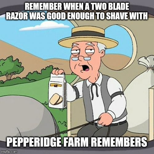 Pepperidge Farm Remembers Meme | REMEMBER WHEN A TWO BLADE RAZOR WAS GOOD ENOUGH TO SHAVE WITH; PEPPERIDGE FARM REMEMBERS | image tagged in memes,pepperidge farm remembers | made w/ Imgflip meme maker