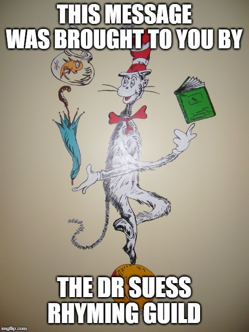 Dr. Suess | THIS MESSAGE WAS BROUGHT TO YOU BY THE DR SUESS RHYMING GUILD | image tagged in dr suess | made w/ Imgflip meme maker