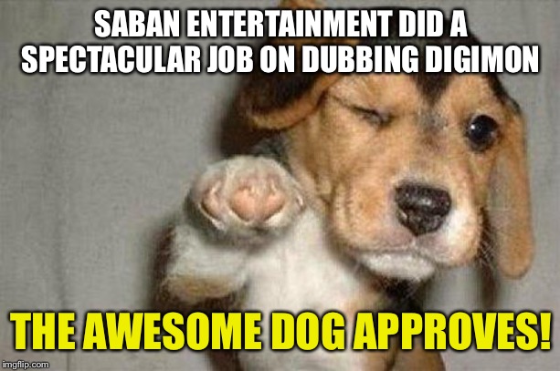 Awesome Dog | SABAN ENTERTAINMENT DID A SPECTACULAR JOB ON DUBBING DIGIMON; THE AWESOME DOG APPROVES! | image tagged in awesome dog | made w/ Imgflip meme maker