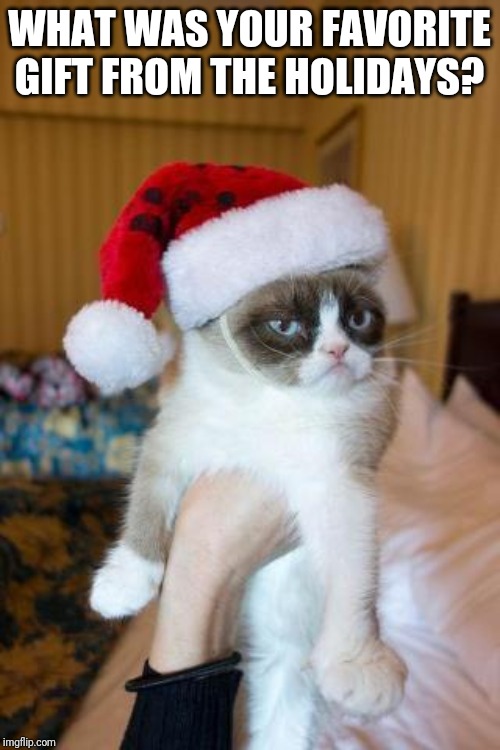 Grumpy Cat Christmas Meme | WHAT WAS YOUR FAVORITE GIFT FROM THE HOLIDAYS? | image tagged in memes,grumpy cat christmas,grumpy cat | made w/ Imgflip meme maker