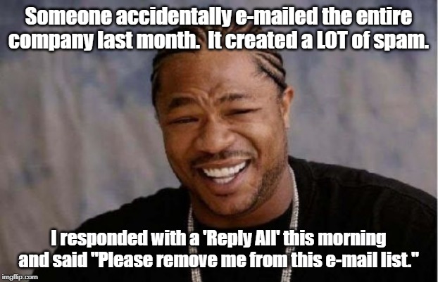 "Me, too!" "Please remove me as well!" "STOP USING REPLY ALL!!!" | Someone accidentally e-mailed the entire company last month.  It created a LOT of spam. I responded with a 'Reply All' this morning and said "Please remove me from this e-mail list." | image tagged in memes,yo dawg heard you,tech support,boardroom meeting suggestion | made w/ Imgflip meme maker
