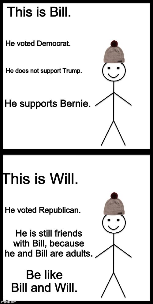 I'm not gonna say there are people here who don't act like adults...but there are people here who don't act like adults | This is Bill. He voted Democrat. He does not support Trump. He supports Bernie. This is Will. He voted Republican. He is still friends with Bill, because he and Bill are adults. Be like Bill and Will. | image tagged in memes,be like bill,conservatives,liberal | made w/ Imgflip meme maker