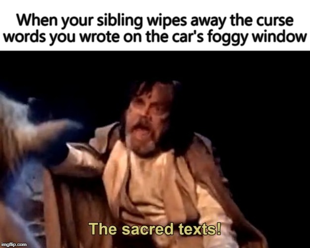 The sacred texts! | When your sibling wipes away the curse words you wrote on the car's foggy window | image tagged in the sacred texts,the last jedi,star wars | made w/ Imgflip meme maker