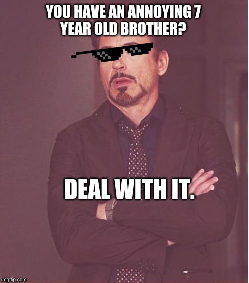 Face You Make Robert Downey Jr | YOU HAVE AN ANNOYING 7
YEAR OLD BROTHER? DEAL WITH IT. | image tagged in memes,face you make robert downey jr | made w/ Imgflip meme maker