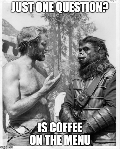Planet of the apes | JUST ONE QUESTION? IS COFFEE ON THE MENU | image tagged in planet of the apes | made w/ Imgflip meme maker