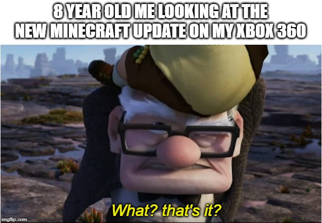 minecraft updates | 8 YEAR OLD ME LOOKING AT THE NEW MINECRAFT UPDATE ON MY XBOX 360; What? that's it? | image tagged in memes,minecraft | made w/ Imgflip meme maker