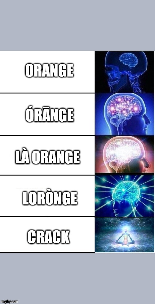 La Orange | ORANGE; ÓRĀNGE; LÀ ORANGE; LORÒNGE; CRACK | image tagged in expanding brain 5 panel | made w/ Imgflip meme maker