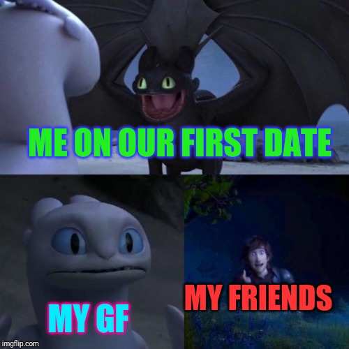 Toothless presents himself | ME ON OUR FIRST DATE; MY GF; MY FRIENDS | image tagged in toothless presents himself | made w/ Imgflip meme maker