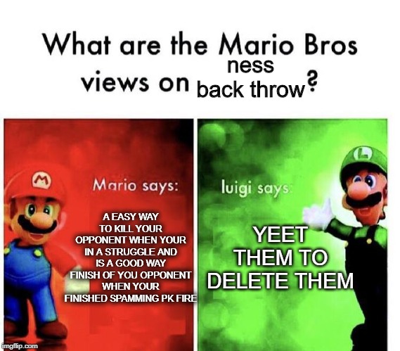 Mario Bros Views | ness back throw; A EASY WAY TO KILL YOUR OPPONENT WHEN YOUR IN A STRUGGLE AND IS A GOOD WAY FINISH OF YOU OPPONENT WHEN YOUR FINISHED SPAMMING PK FIRE; YEET THEM TO DELETE THEM | image tagged in mario bros views | made w/ Imgflip meme maker