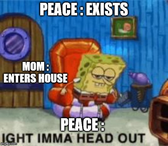 Ight ima head out | PEACE : EXISTS; MOM : ENTERS HOUSE; PEACE : | image tagged in ight ima head out | made w/ Imgflip meme maker