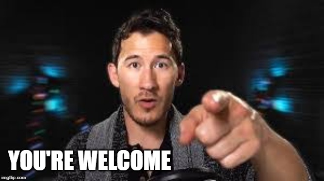 Markiplier pointing | YOU'RE WELCOME | image tagged in markiplier pointing | made w/ Imgflip meme maker