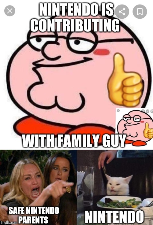 NINTENDO IS CONTRIBUTING; WITH FAMILY GUY; SAFE NINTENDO PARENTS; NINTENDO | image tagged in memes,woman yelling at cat | made w/ Imgflip meme maker