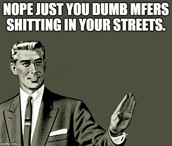 Nope | NOPE JUST YOU DUMB MFERS SHITTING IN YOUR STREETS. | image tagged in nope | made w/ Imgflip meme maker