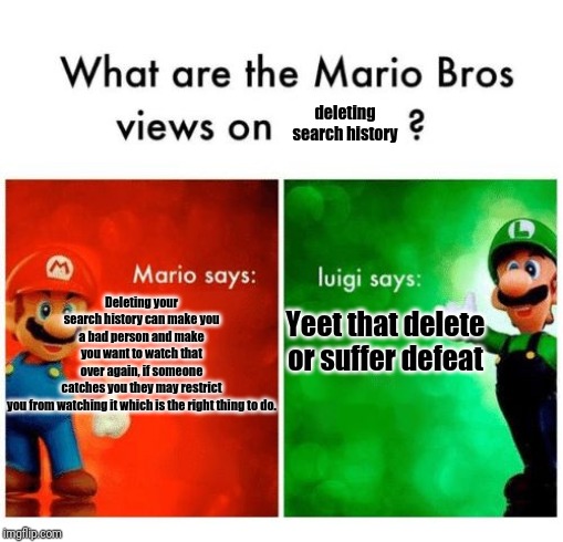 Mario says Luigi says | deleting search history; Deleting your search history can make you a bad person and make you want to watch that over again, if someone catches you they may restrict you from watching it which is the right thing to do. Yeet that delete or suffer defeat | image tagged in mario says luigi says | made w/ Imgflip meme maker