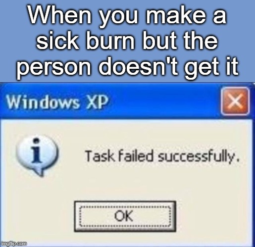 Task failed successfully | When you make a sick burn but the person doesn't get it | image tagged in task failed successfully | made w/ Imgflip meme maker