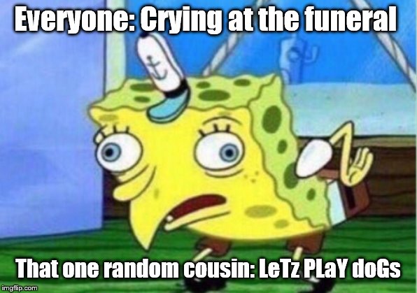 Mocking Spongebob Meme | Everyone: Crying at the funeral; That one random cousin: LeTz PLaY doGs | image tagged in memes,mocking spongebob | made w/ Imgflip meme maker