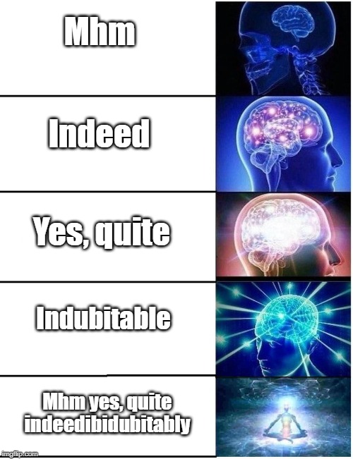 Indeedibidubitably | Mhm; Indeed; Yes, quite; Indubitable; Mhm yes, quite indeedibidubitably | image tagged in expanding brain 5 panel | made w/ Imgflip meme maker