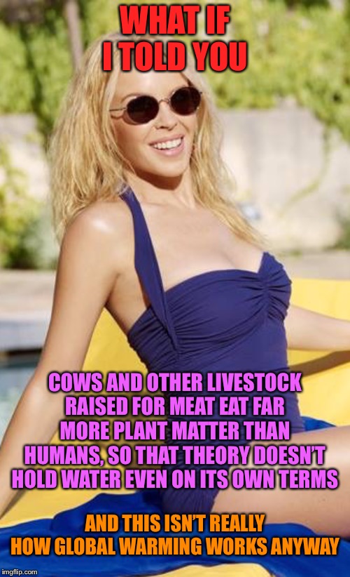 Kylie Morpheus | WHAT IF I TOLD YOU COWS AND OTHER LIVESTOCK RAISED FOR MEAT EAT FAR MORE PLANT MATTER THAN HUMANS, SO THAT THEORY DOESN’T HOLD WATER EVEN ON | image tagged in kylie morpheus 3 | made w/ Imgflip meme maker