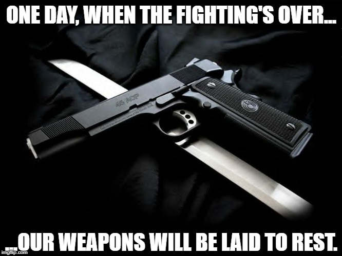 Laid to Rest | ONE DAY, WHEN THE FIGHTING'S OVER... ...OUR WEAPONS WILL BE LAID TO REST. | image tagged in memes | made w/ Imgflip meme maker