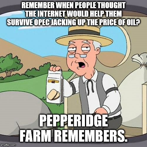Pepperidge Farm Remembers | REMEMBER WHEN PEOPLE THOUGHT THE INTERNET WOULD HELP THEM SURVIVE OPEC JACKING UP THE PRICE OF OIL? PEPPERIDGE FARM REMEMBERS. | image tagged in memes,pepperidge farm remembers,dot com bubble,opec,false promise of the internet | made w/ Imgflip meme maker
