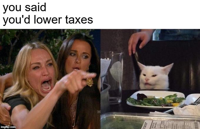 Woman Yelling At Cat Meme | you said you'd lower taxes | image tagged in memes,woman yelling at cat | made w/ Imgflip meme maker