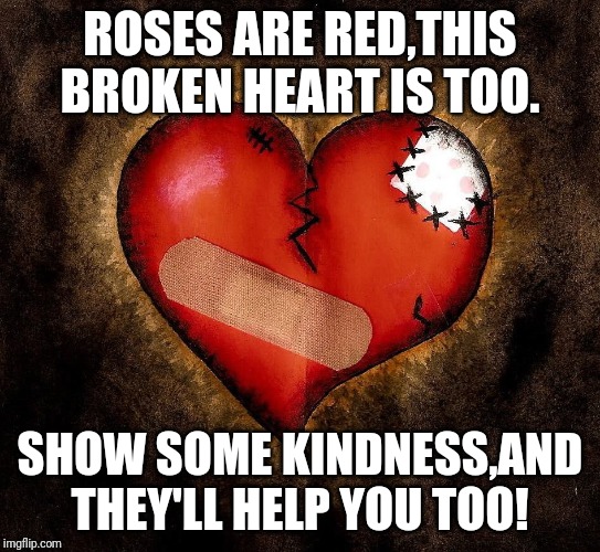 Poems  | ROSES ARE RED,THIS BROKEN HEART IS TOO. SHOW SOME KINDNESS,AND THEY'LL HELP YOU TOO! | image tagged in poems | made w/ Imgflip meme maker