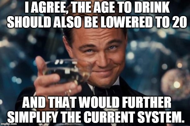 Leonardo Dicaprio Cheers Meme | I AGREE, THE AGE TO DRINK SHOULD ALSO BE LOWERED TO 20 AND THAT WOULD FURTHER SIMPLIFY THE CURRENT SYSTEM. | image tagged in memes,leonardo dicaprio cheers | made w/ Imgflip meme maker