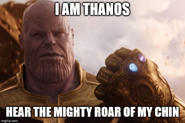 Thanos Meme | I AM THANOS; HEAR THE MIGHTY ROAR OF MY CHIN | image tagged in thanos,chin,thanos chin | made w/ Imgflip meme maker