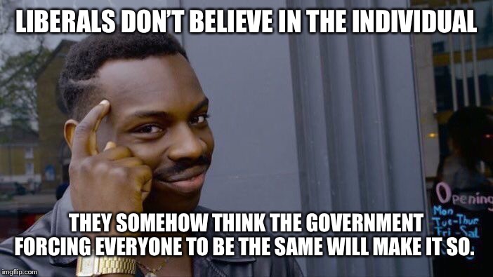 Roll Safe Think About It Meme | LIBERALS DON’T BELIEVE IN THE INDIVIDUAL THEY SOMEHOW THINK THE GOVERNMENT FORCING EVERYONE TO BE THE SAME WILL MAKE IT SO. | image tagged in memes,roll safe think about it | made w/ Imgflip meme maker