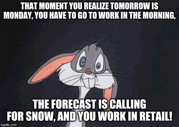 bugs bunny crazy face | THAT MOMENT YOU REALIZE TOMORROW IS MONDAY, YOU HAVE TO GO TO WORK IN THE MORNING, THE FORECAST IS CALLING FOR SNOW, AND YOU WORK IN RETAIL! | image tagged in bugs bunny crazy face | made w/ Imgflip meme maker