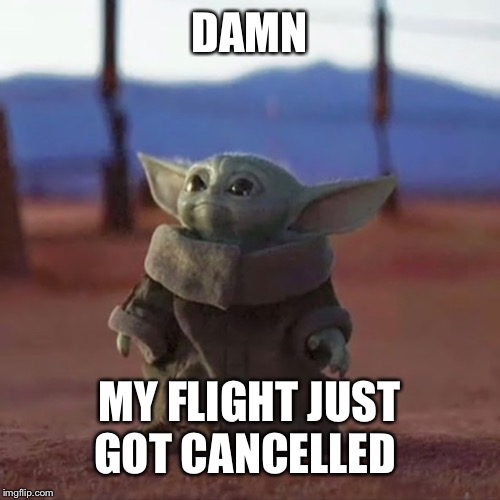 Baby Yoda | DAMN; MY FLIGHT JUST GOT CANCELLED | image tagged in baby yoda | made w/ Imgflip meme maker