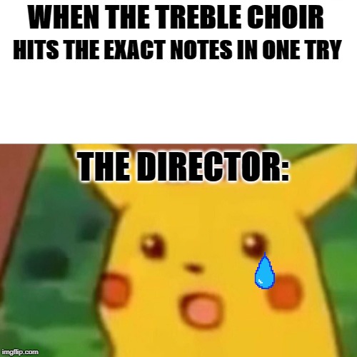 Surprised Pikachu Meme | WHEN THE TREBLE CHOIR; HITS THE EXACT NOTES IN ONE TRY; THE DIRECTOR: | image tagged in memes,surprised pikachu | made w/ Imgflip meme maker