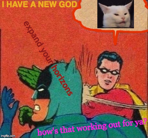 Cat Yelling At Batman | I HAVE A NEW GOD; expand your horizons; how's that working out for ya? | image tagged in memes,robin slaps batman,woman yelling at cat,angry lady cat,expanding brain,you don't say | made w/ Imgflip meme maker