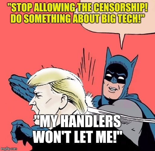 Batman tries to wake up Trump about internet censorship | "STOP ALLOWING THE CENSORSHIP! DO SOMETHING ABOUT BIG TECH!"; "MY HANDLERS WON'T LET ME!" | image tagged in batman slaps trump | made w/ Imgflip meme maker