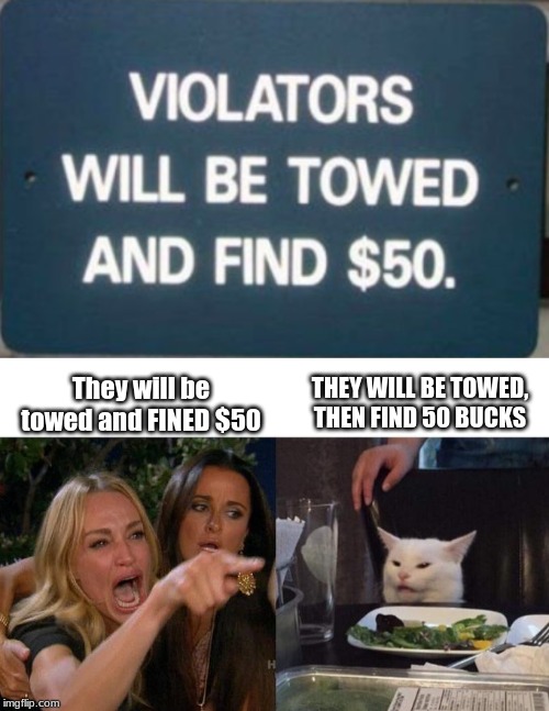 They will be towed and FINED $50; THEY WILL BE TOWED, THEN FIND 50 BUCKS | image tagged in memes,woman yelling at cat | made w/ Imgflip meme maker