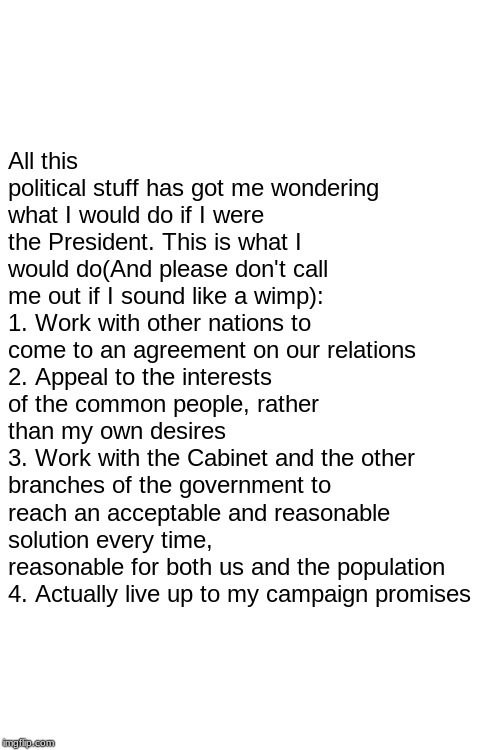 All this political stuff has got me wondering what I would do if I were the President. This is what I would do(And please don't call me out if I sound like a wimp):
1. Work with other nations to come to an agreement on our relations
2. Appeal to the interests of the common people, rather than my own desires
3. Work with the Cabinet and the other branches of the government to reach an acceptable and reasonable solution every time, reasonable for both us and the population
4. Actually live up to my campaign promises | image tagged in blank white template | made w/ Imgflip meme maker