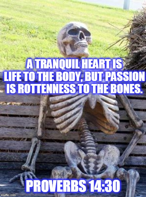Waiting Skeleton Meme | A TRANQUIL HEART IS LIFE TO THE BODY, BUT PASSION IS ROTTENNESS TO THE BONES. PROVERBS 14:30 | image tagged in memes,waiting skeleton | made w/ Imgflip meme maker