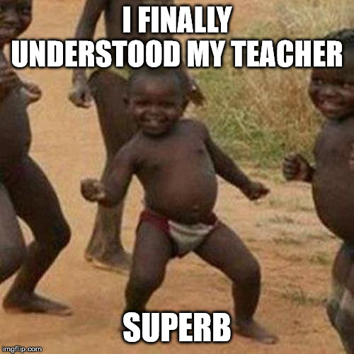 Third World Success Kid | I FINALLY UNDERSTOOD MY TEACHER; SUPERB | image tagged in memes,third world success kid | made w/ Imgflip meme maker