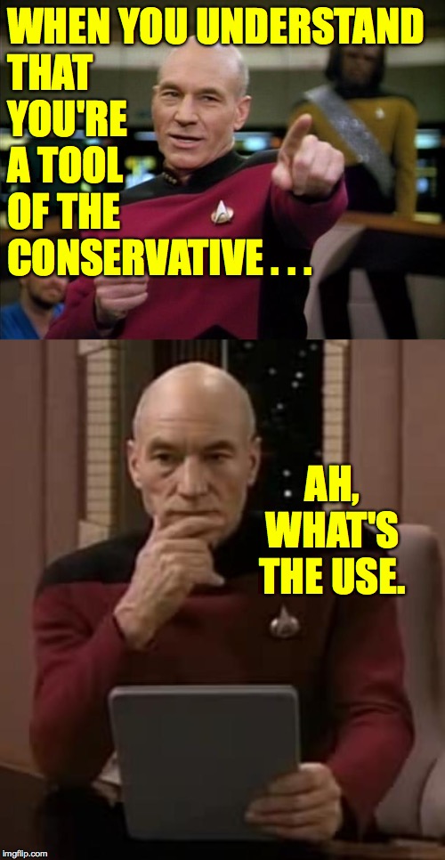 WHEN YOU UNDERSTAND
THAT
YOU'RE
A TOOL
OF THE
CONSERVATIVE . . . AH, WHAT'S THE USE. | image tagged in picard,picard thinking | made w/ Imgflip meme maker