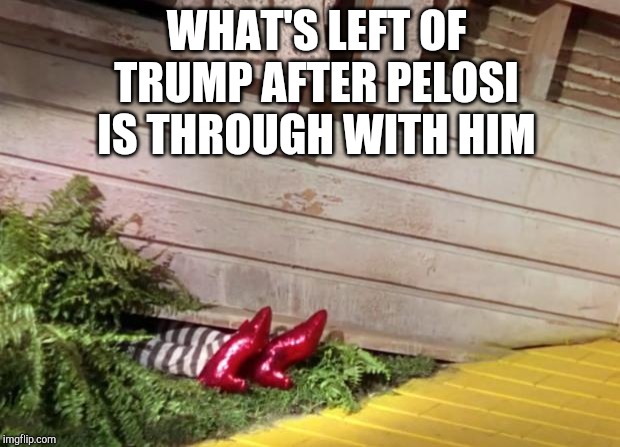 Wicked Witch of the East Cellar Door | WHAT'S LEFT OF TRUMP AFTER PELOSI IS THROUGH WITH HIM | image tagged in wicked witch of the east cellar door | made w/ Imgflip meme maker