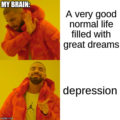 Drake Hotline Bling Meme | A very good normal life filled with great dreams; MY BRAIN:; depression | image tagged in memes,drake hotline bling | made w/ Imgflip meme maker