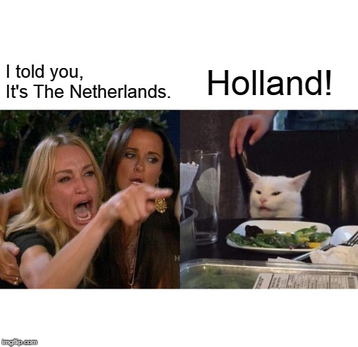 Woman Yelling At Cat Meme | I told you, It's The Netherlands. Holland! | image tagged in memes,woman yelling at cat | made w/ Imgflip meme maker