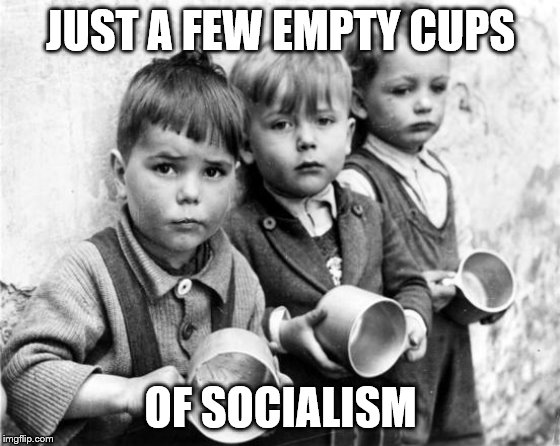hungry kids | JUST A FEW EMPTY CUPS; OF SOCIALISM | image tagged in hungry kids,memes | made w/ Imgflip meme maker