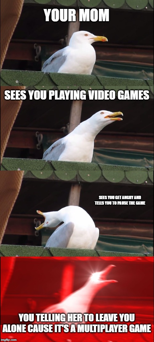 Inhaling Seagull Meme | YOUR MOM; SEES YOU PLAYING VIDEO GAMES; SEES YOU GET ANGRY AND TELLS YOU TO PAUSE THE GAME; YOU TELLING HER TO LEAVE YOU ALONE CAUSE IT'S A MULTIPLAYER GAME | image tagged in memes,inhaling seagull | made w/ Imgflip meme maker
