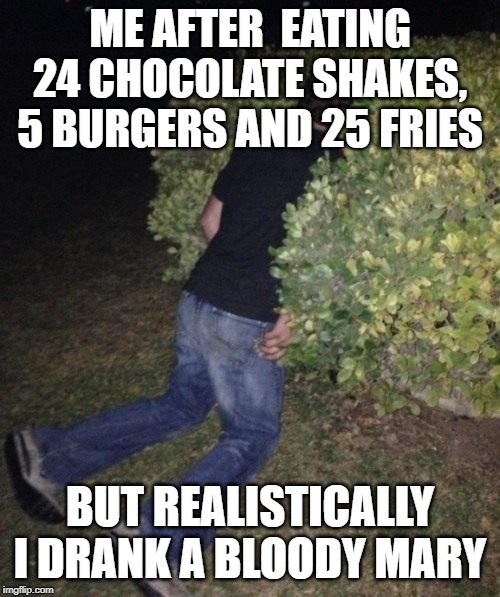 Bruh in a bush | ME AFTER  EATING 24 CHOCOLATE SHAKES, 5 BURGERS AND 25 FRIES; BUT REALISTICALLY I DRANK A BLOODY MARY | image tagged in bruh in a bush | made w/ Imgflip meme maker