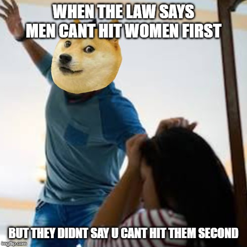 Doge beating a w*man | WHEN THE LAW SAYS MEN CANT HIT WOMEN FIRST; BUT THEY DIDNT SAY U CANT HIT THEM SECOND | image tagged in doge beating a wman | made w/ Imgflip meme maker