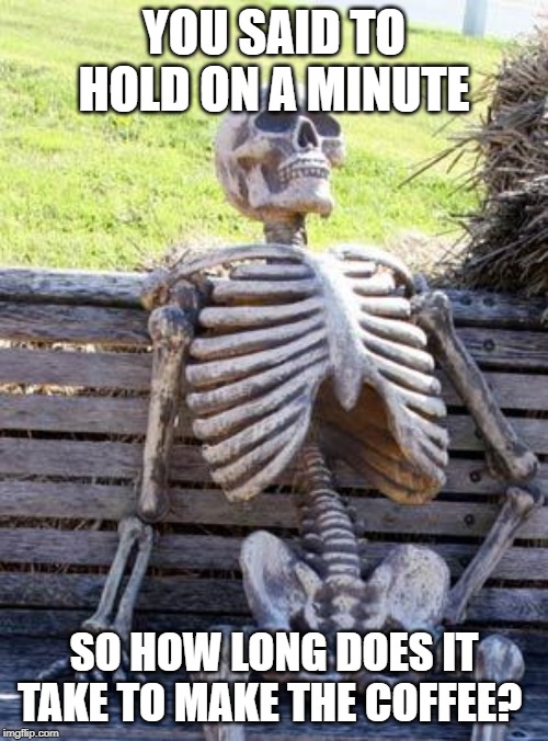 Waiting Skeleton Meme | YOU SAID TO HOLD ON A MINUTE; SO HOW LONG DOES IT TAKE TO MAKE THE COFFEE? | image tagged in memes,waiting skeleton | made w/ Imgflip meme maker