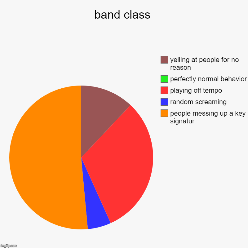 band class | people messing up a key signatur, random screaming, playing off tempo, perfectly normal behavior, yelling at people for no reas | image tagged in charts,pie charts | made w/ Imgflip chart maker