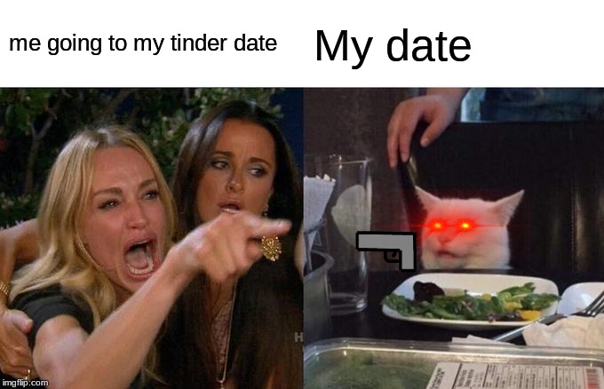 Woman Yelling At Cat Meme | me going to my tinder date; My date ( ͡° ͜ʖ ͡°) | image tagged in memes,woman yelling at cat | made w/ Imgflip meme maker